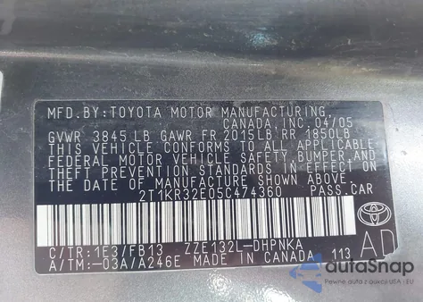 2005 Toyota Matrix Xr из США, поврежденный, VIN 2T1KR32E05C474360